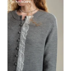 SomeSowe Lace Edge Round-Neck Knit Cardigan Gray