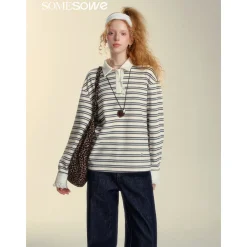 SomeSowe Lace Edge Striped Long Sleeve Polo Top Black/White