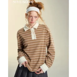 SomeSowe Lace Edge Striped Long Sleeve Polo Top Brown