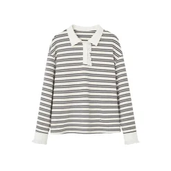 SomeSowe Lace Edge Striped Long Sleeve Polo Top Black/White