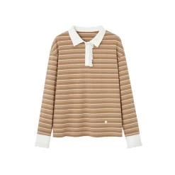 SomeSowe Lace Edge Striped Long Sleeve Polo Top Brown