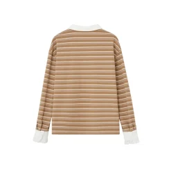 SomeSowe Lace Edge Striped Long Sleeve Polo Top Brown