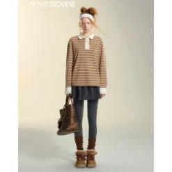 SomeSowe Lace Edge Striped Long Sleeve Polo Top Brown