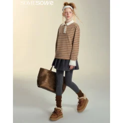 SomeSowe Lace Edge Striped Long Sleeve Polo Top Brown