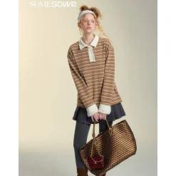 SomeSowe Lace Edge Striped Long Sleeve Polo Top Brown