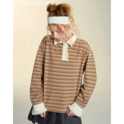 SomeSowe Lace Edge Striped Long Sleeve Polo Top Brown