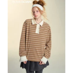 SomeSowe Lace Edge Striped Long Sleeve Polo Top Brown
