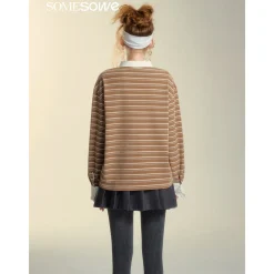 SomeSowe Lace Edge Striped Long Sleeve Polo Top Brown