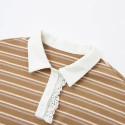 SomeSowe Lace Edge Striped Long Sleeve Polo Top Brown