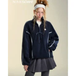 SomeSowe Lace Patchwork Fleece  Sweatshirt Navy Blue