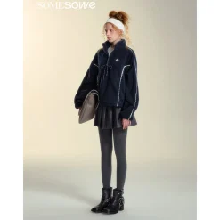 SomeSowe Lace Patchwork Fleece  Sweatshirt Navy Blue