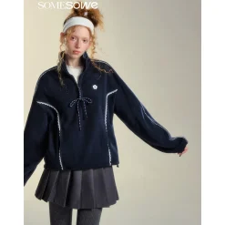 SomeSowe Lace Patchwork Fleece  Sweatshirt Navy Blue