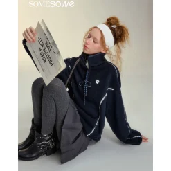SomeSowe Lace Patchwork Fleece  Sweatshirt Navy Blue