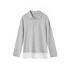 SomeSowe Lace Patchwork Polo Long Sleeve T-Shirt Gray