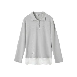 SomeSowe Lace Patchwork Polo Long Sleeve T-Shirt Gray
