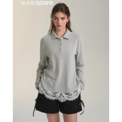 SomeSowe Lace Patchwork Polo Long Sleeve T-Shirt Gray