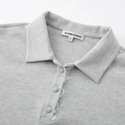 SomeSowe Lace Patchwork Polo Long Sleeve T-Shirt Gray