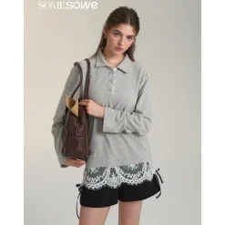 SomeSowe Lace Patchwork Polo Long Sleeve T-Shirt Gray