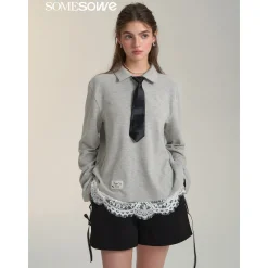 SomeSowe Lace Patchwork Polo Long Sleeve T-Shirt Gray
