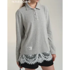 SomeSowe Lace Patchwork Polo Long Sleeve T-Shirt Gray
