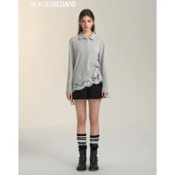 SomeSowe Lace Patchwork Polo Long Sleeve T-Shirt Gray