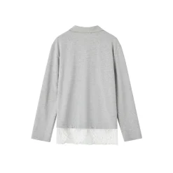 SomeSowe Lace Patchwork Polo Long Sleeve T-Shirt Gray
