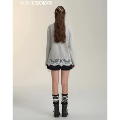SomeSowe Lace Patchwork Polo Long Sleeve T-Shirt Gray