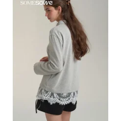 SomeSowe Lace Patchwork Polo Long Sleeve T-Shirt Gray
