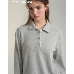 SomeSowe Lace Patchwork Polo Long Sleeve T-Shirt Gray