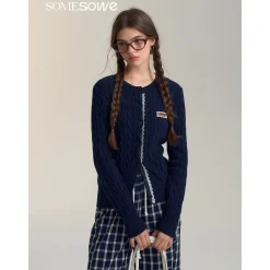 SomeSowe Lace Patchwork Twist Knit Cardigan Navy Blue