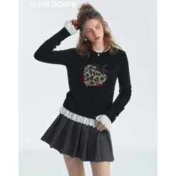 SomeSowe Leopard Strawberry Knit Sweater Black