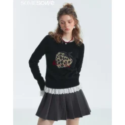 SomeSowe Leopard Strawberry Knit Sweater Black