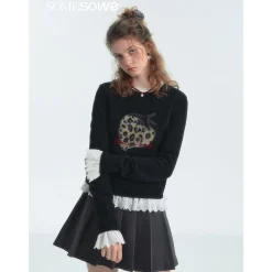 SomeSowe Leopard Strawberry Knit Sweater Black