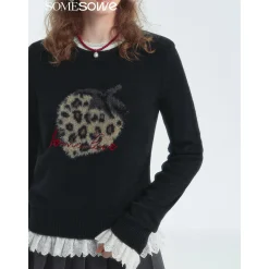 SomeSowe Leopard Strawberry Knit Sweater Black
