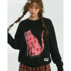 SomeSowe Luck Cat Loose Knit Sweater Black