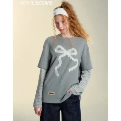 SomeSowe Origami Bow Fake-2-Piece Long Sleeve T-Shirt