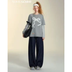 SomeSowe Origami Bow Fake-2-Piece Long Sleeve T-Shirt