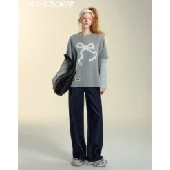 SomeSowe Origami Bow Fake-2-Piece Long Sleeve T-Shirt