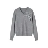 SomeSowe Plaid Bow V-Neck Knit Sweater Gray