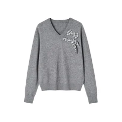 SomeSowe Plaid Bow V-Neck Knit Sweater Gray