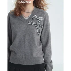 SomeSowe Plaid Bow V-Neck Knit Sweater Gray