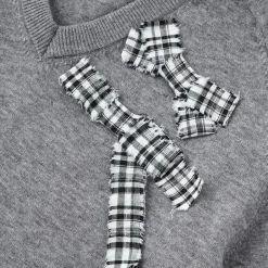 SomeSowe Plaid Bow V-Neck Knit Sweater Gray