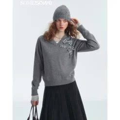 SomeSowe Plaid Bow V-Neck Knit Sweater Gray