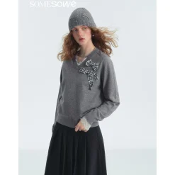 SomeSowe Plaid Bow V-Neck Knit Sweater Gray