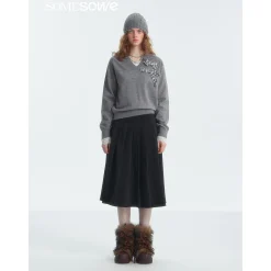 SomeSowe Plaid Bow V-Neck Knit Sweater Gray