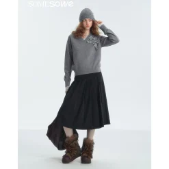 SomeSowe Plaid Bow V-Neck Knit Sweater Gray