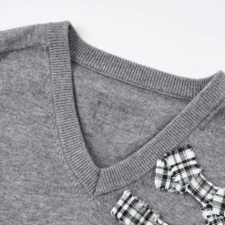 SomeSowe Plaid Bow V-Neck Knit Sweater Gray