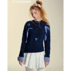 SomeSowe Plaid Drawstring Knit Sweater Blue