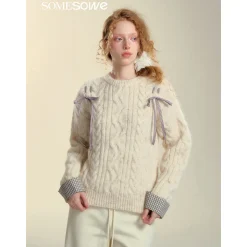 SomeSowe Plaid Drawstring Knit Sweater Beige