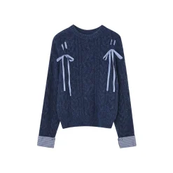 SomeSowe Plaid Drawstring Knit Sweater Blue